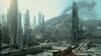 Movie still from “Star Trek Into Darkness” (2013), directed by J.J. Abrams – An image of a city that has been destroyed by a fire; Extreme Wide shot, High angle