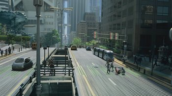 Movie still from “Star Trek Into Darkness” (2013), directed by J.J. Abrams – A street scene with a person riding a bike; Extreme Wide shot, High angle