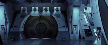 Movie still from “Star Wars: Episode I - The Phantom Menace” (1999), directed by George Lucas – An image of a room that looks like a space station; Extreme Wide shot, Overhead angle