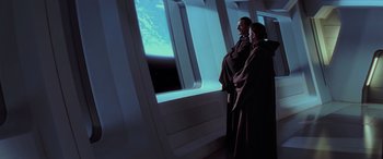 Movie still from “Star Wars: Episode I - The Phantom Menace” (1999), directed by George Lucas – Two people looking out of a window at the earth; Wide shot, High angle