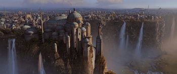Movie still from “Star Wars: Episode I - The Phantom Menace” (1999), directed by George Lucas – An aerial view of a city with a waterfall in the background; Extreme Wide shot, High angle