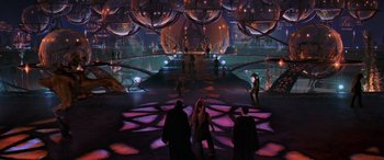 Movie still from “Star Wars: Episode I - The Phantom Menace” (1999), directed by George Lucas – A group of people standing in a room with lights; Extreme Wide shot, High angle