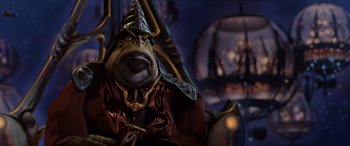 Movie still from “Star Wars: Episode I - The Phantom Menace” (1999), directed by George Lucas – A creature with a hat on; Close Up shot, Low angle
