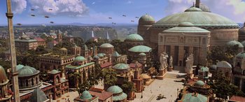 Movie still from “Star Wars: Episode I - The Phantom Menace” (1999), directed by George Lucas – An aerial view of an ancient city with many domed buildings; Extreme Wide shot, High angle