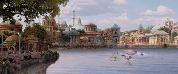 A painting of a city with a lake and birds flying around