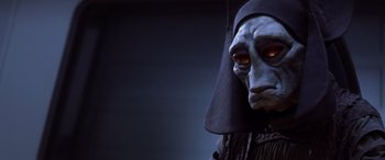 Movie still from “Star Wars: Episode I - The Phantom Menace” (1999), directed by George Lucas – A person wearing a mask; Close Up shot, High angle