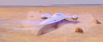 Movie still from “Star Wars: Episode I - The Phantom Menace” (1999), directed by George Lucas – An image of an airplane flying in the sky; Extreme Wide shot, High angle