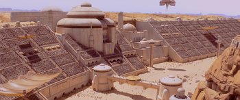 Movie still from “Star Wars: Episode I - The Phantom Menace” (1999), directed by George Lucas – An image of an alien city in the desert; Extreme Wide shot, High angle