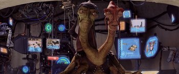 Movie still from “Star Wars: Episode I - The Phantom Menace” (1999), directed by George Lucas – A statue of a character from star wars; Close Up shot, Over the shoulder angle