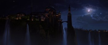 Movie still from “Star Wars: Episode I - The Phantom Menace” (1999), directed by George Lucas – An image of a castle with a waterfall in front of it; Extreme Wide shot, High angle