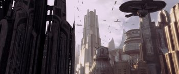 Movie still from “Star Wars: Episode I - The Phantom Menace” (1999), directed by George Lucas – An image of a city with a bunch of flying birds flying around it; Extreme Wide shot, High angle