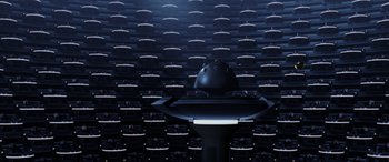 Movie still from “Star Wars: Episode I - The Phantom Menace” (1999), directed by George Lucas – An image of a room that has a lot of lights in it; Extreme Wide shot, High angle