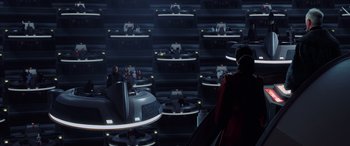 Movie still from “Star Wars: Episode I - The Phantom Menace” (1999), directed by George Lucas – A group of people sitting on top of a platform; Extreme Wide shot, High angle