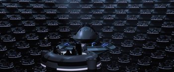 Movie still from “Star Wars: Episode I - The Phantom Menace” (1999), directed by George Lucas – A group of people sitting in a room with a lot of lights; Extreme Wide shot, High angle