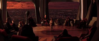 Movie still from “Star Wars: Episode I - The Phantom Menace” (1999), directed by George Lucas – A group of people sitting around a table; Extreme Wide shot, High angle