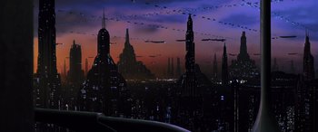 Movie still from “Star Wars: Episode I - The Phantom Menace” (1999), directed by George Lucas – An image of an alien city at night; Extreme Wide shot, High angle