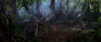 Movie still from “Star Wars: Episode I - The Phantom Menace” (1999), directed by George Lucas – A group of people standing in the middle of a forest; Extreme Wide shot, High angle