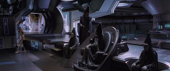 Movie still from “Star Wars: Episode I - The Phantom Menace” (1999), directed by George Lucas – A group of people standing next to each other in a room; Wide shot, High angle