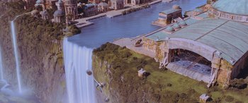 Movie still from “Star Wars: Episode I - The Phantom Menace” (1999), directed by George Lucas – An aerial view of a city with a waterfall and buildings; Extreme Wide shot, High angle