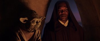 Movie still from “Star Wars: Episode I - The Phantom Menace” (1999), directed by George Lucas – A man and a woman dressed in jedi robes; Medium shot, Low angle