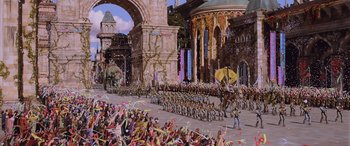 Movie still from “Star Wars: Episode I - The Phantom Menace” (1999), directed by George Lucas – A crowd of people marching down a street; Extreme Wide shot, High angle