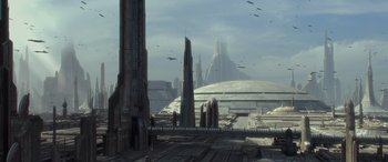Movie still from “Star Wars: Episode II - Attack of the Clones” (2002), directed by George Lucas – An image of an alien city with a bunch of people in it; Extreme Wide shot, High angle