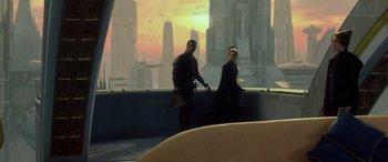 Movie still from “Star Wars: Episode II - Attack of the Clones” (2002), directed by George Lucas – A man and a woman standing next to each other in front of a city; Wide shot, Low angle