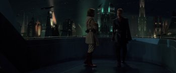 Movie still from “Star Wars: Episode II - Attack of the Clones” (2002), directed by George Lucas – A couple of people standing next to each other in a room; Wide shot, Over the shoulder angle