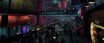Movie still from “Star Wars: Episode II - Attack of the Clones” (2002), directed by George Lucas – People are walking in a city at night time; Extreme Wide shot, High angle