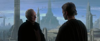 Movie still from “Star Wars: Episode II - Attack of the Clones” (2002), directed by George Lucas – Two men are standing in front of a painting of a city; Medium shot, Over the shoulder angle