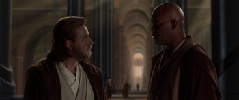 Movie still from “Star Wars: Episode II - Attack of the Clones” (2002), directed by George Lucas – Two men are facing each other in a cathedral; Medium shot, Over the shoulder angle