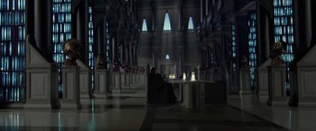 Movie still from “Star Wars: Episode II - Attack of the Clones” (2002), directed by George Lucas – A man sitting in a chair in front of a window; Extreme Wide shot, Low angle