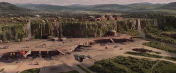 Movie still from “Star Wars: Episode II - Attack of the Clones” (2002), directed by George Lucas – An aerial view of an area with a lot of buildings; Extreme Wide shot, High angle