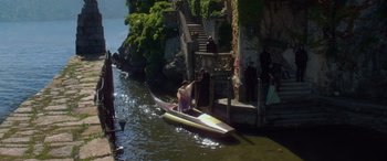 Movie still from “Star Wars: Episode II - Attack of the Clones” (2002), directed by George Lucas – A boat with people on it in a body of water; Extreme Wide shot, High angle