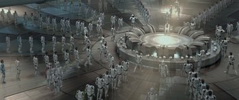 Movie still from “Star Wars: Episode II - Attack of the Clones” (2002), directed by George Lucas – A large group of people dressed as star wars characters; Extreme Wide shot, High angle