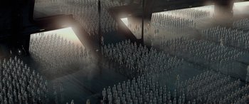 Movie still from “Star Wars: Episode II - Attack of the Clones” (2002), directed by George Lucas – A large group of people standing in a room; Extreme Wide shot, High angle