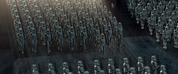 Movie still from “Star Wars: Episode II - Attack of the Clones” (2002), directed by George Lucas – A large group of clone troopers marching together; Extreme Wide shot, High angle