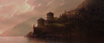 A painting of a castle on a hill overlooking a body of water