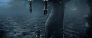 Movie still from “Star Wars: Episode II - Attack of the Clones” (2002), directed by George Lucas – An image of an alien ship in the water; Extreme Wide shot, High angle