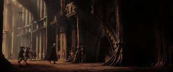 Movie still from “Star Wars: Episode II - Attack of the Clones” (2002), directed by George Lucas – An animated scene of people in a dark place; Extreme Wide shot, Low angle