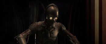 Movie still from “Star Wars: Episode II - Attack of the Clones” (2002), directed by George Lucas – A star wars character with glowing red eyes; Close Up shot, Low angle