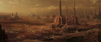 Movie still from “Star Wars: Episode II - Attack of the Clones” (2002), directed by George Lucas – An alien landscape with a lot of rocks; Extreme Wide shot, High angle