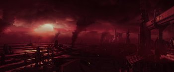 Movie still from “Star Wars: Episode II - Attack of the Clones” (2002), directed by George Lucas – A red sky with a lot of smoke coming out of it; Extreme Wide shot, High angle