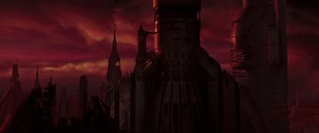 Movie still from “Star Wars: Episode II - Attack of the Clones” (2002), directed by George Lucas – A red sky with a clock tower in the background; Extreme Wide shot, Low angle