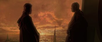 Movie still from “Star Wars: Episode II - Attack of the Clones” (2002), directed by George Lucas – Two people standing in front of an orange sky; Medium shot, Over the shoulder angle