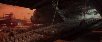 Movie still from “Star Wars: Episode II - Attack of the Clones” (2002), directed by George Lucas – A large group of people are gathered in a field; Extreme Wide shot, High angle
