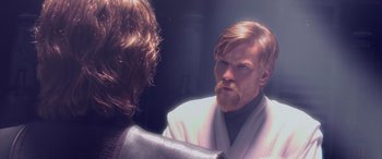 Movie still from “Star Wars: Episode III - Revenge of the Sith” (2005), directed by George Lucas – A man with long hair and a beard is looking at himself in the mirror; Close Up shot, Over the shoulder angle