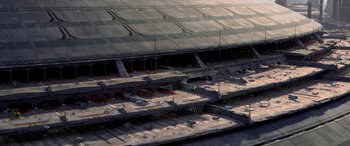 Movie still from “Star Wars: Episode III - Revenge of the Sith” (2005), directed by George Lucas – An aerial view of a building with many floors; Extreme Wide shot, High angle