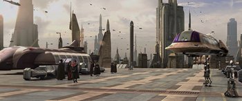 Movie still from “Star Wars: Episode III - Revenge of the Sith” (2005), directed by George Lucas – An image of a scene in the middle of a city; Extreme Wide shot, High angle