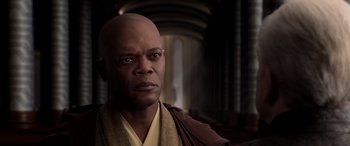 Movie still from “Star Wars: Episode III - Revenge of the Sith” (2005), directed by George Lucas – A man with a bald head wearing a robe; Close Up shot, Over the shoulder angle